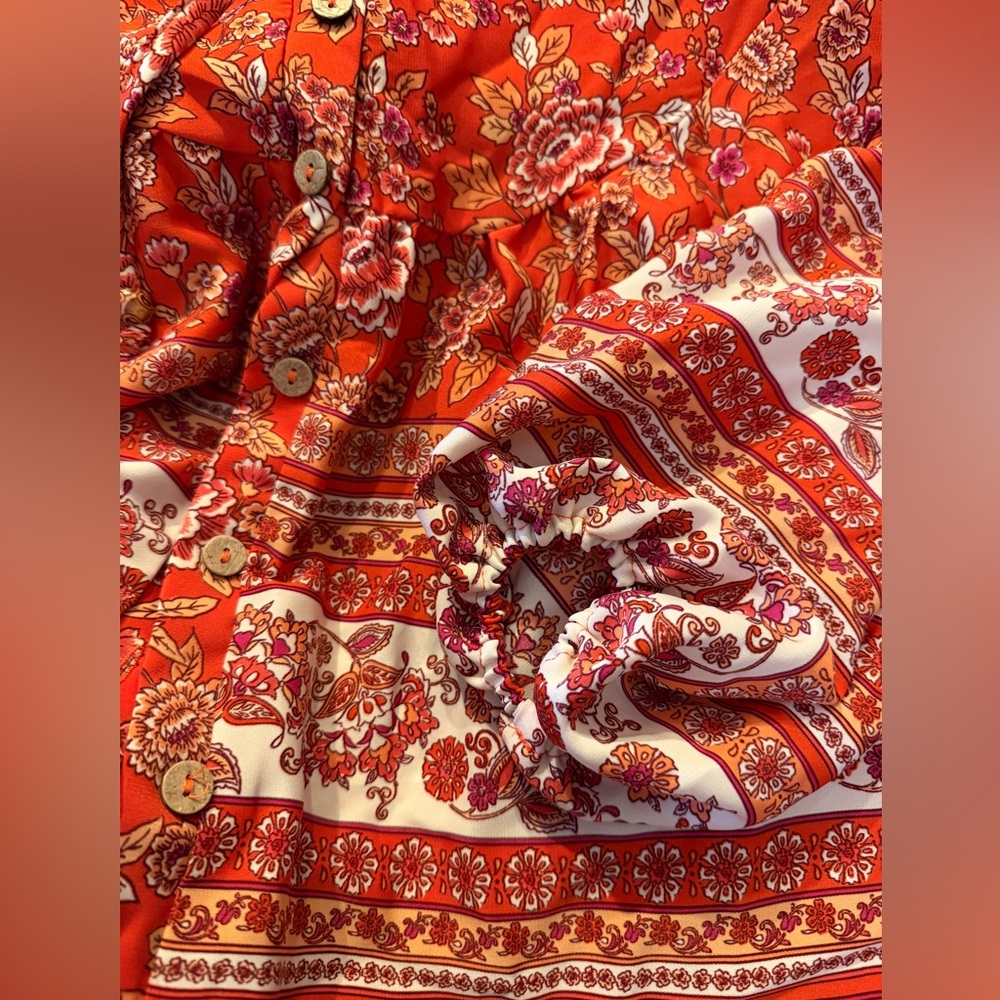 Bohemian Outsider Coral Red Floral Border Print Blouse - Picture 5 of 10